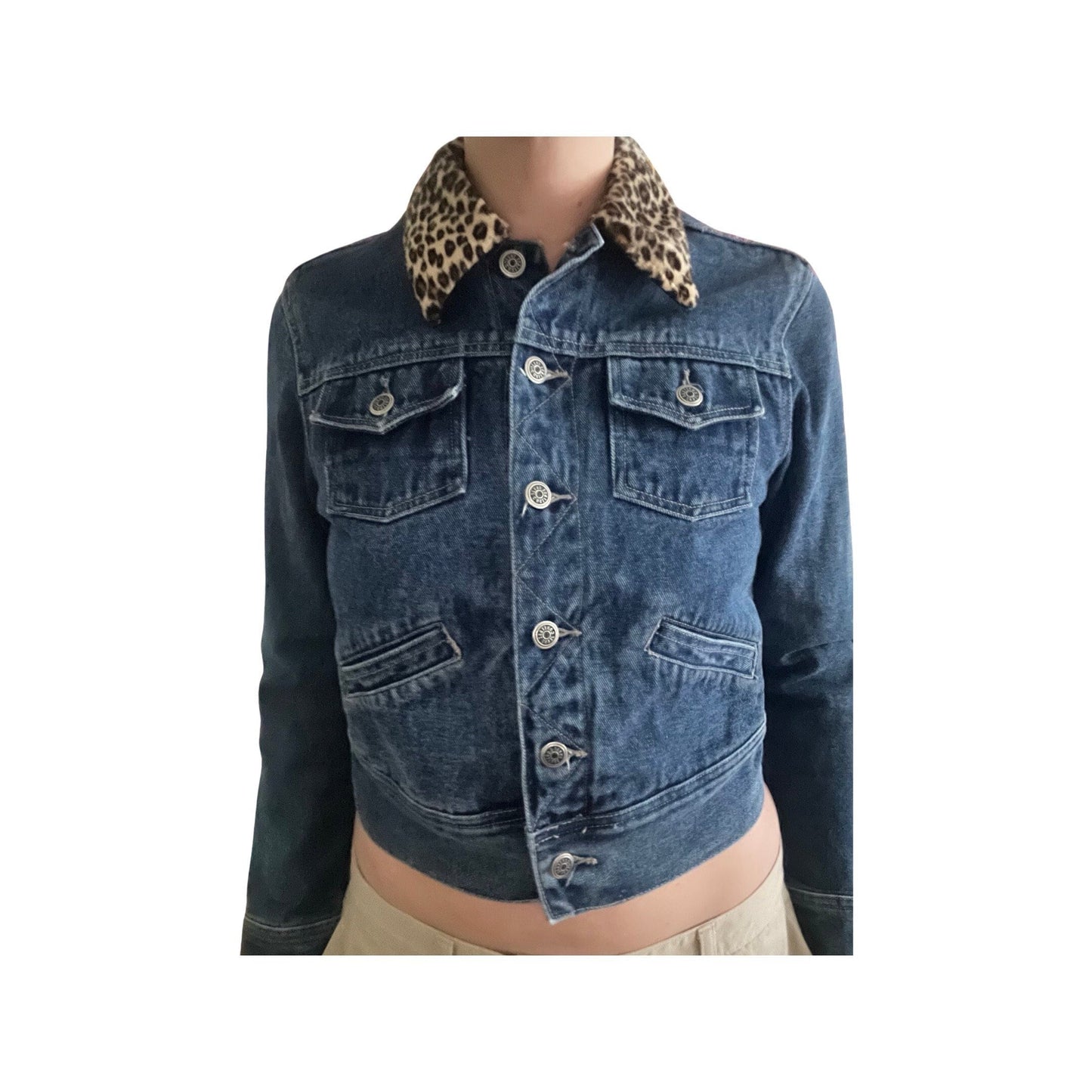 Vintage 90s Denim Jacket with Leopard Print Trim - Dark Blue, Fitted Fit, Fashionista's Dream, Size Small