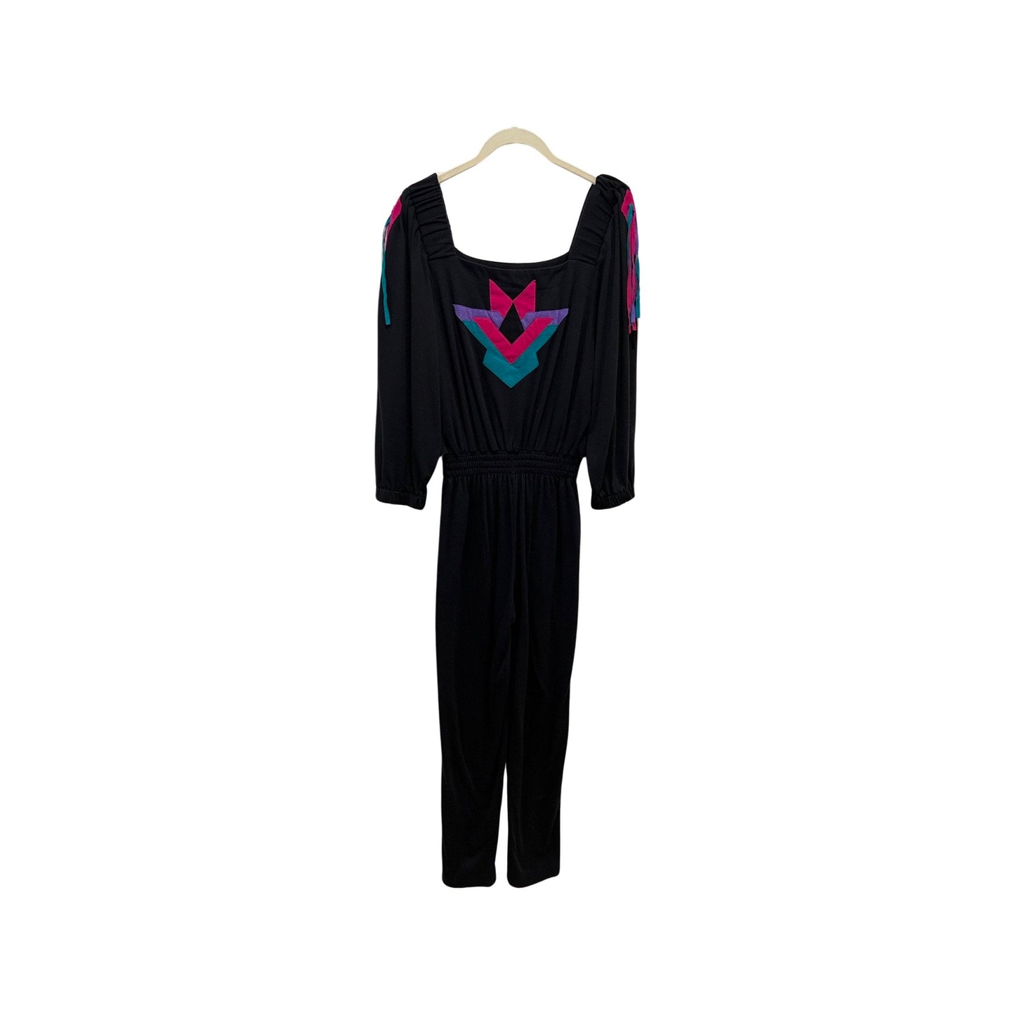 Vintage '80s Black Romper with Tassels - Disco Vibes, Geometric Chest, One-Piece Fitted Retro Jumpsuit - Rare Find