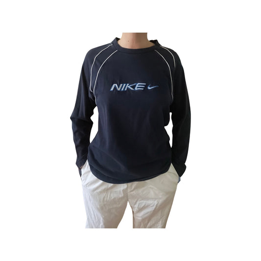 Vintage Nike Oversized Navy Blue Long Sleeve Shirt - '90s Sportswear Streetwear, Size Small, Worn Vintage Look