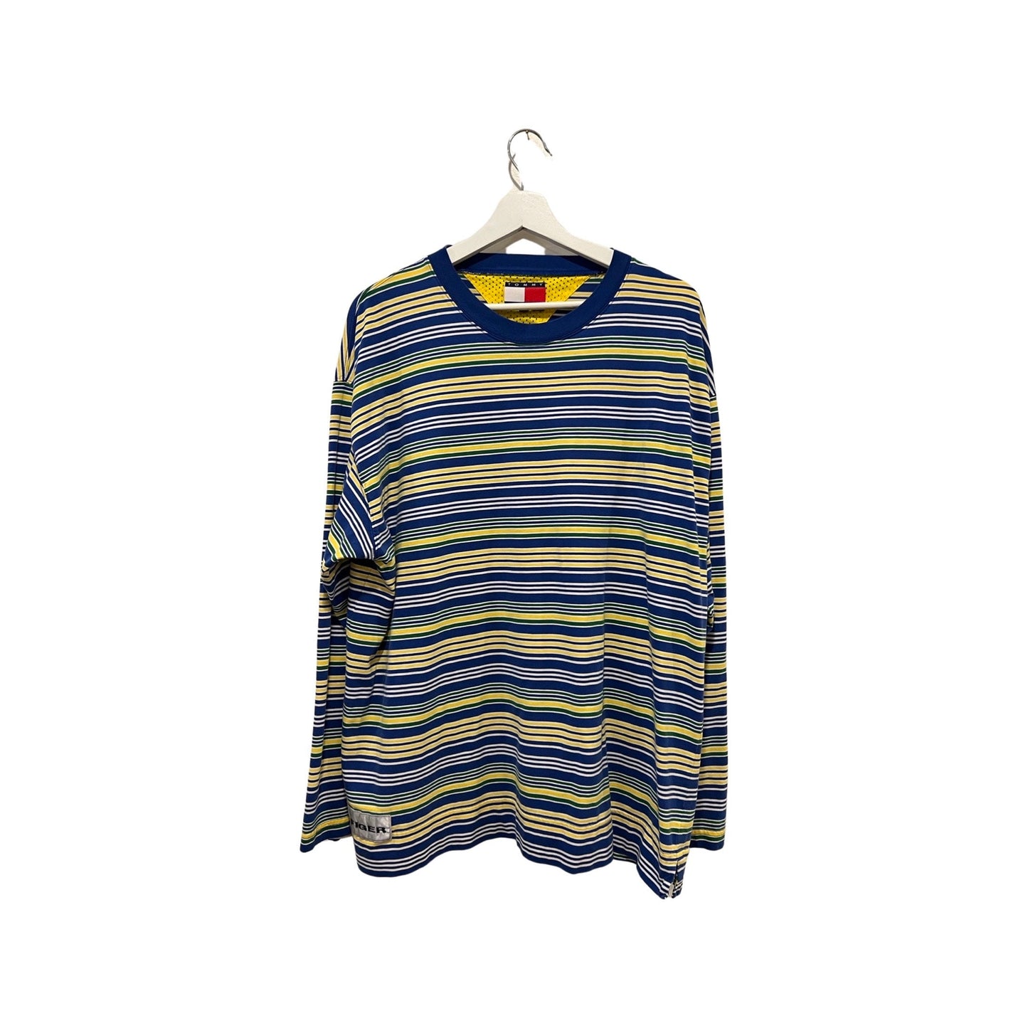 Vintage Tommy Hilfiger Oversized Striped Cotton Shirt - '90s Streetwear XL with Hilfiger Patch - Blue Yellow and White