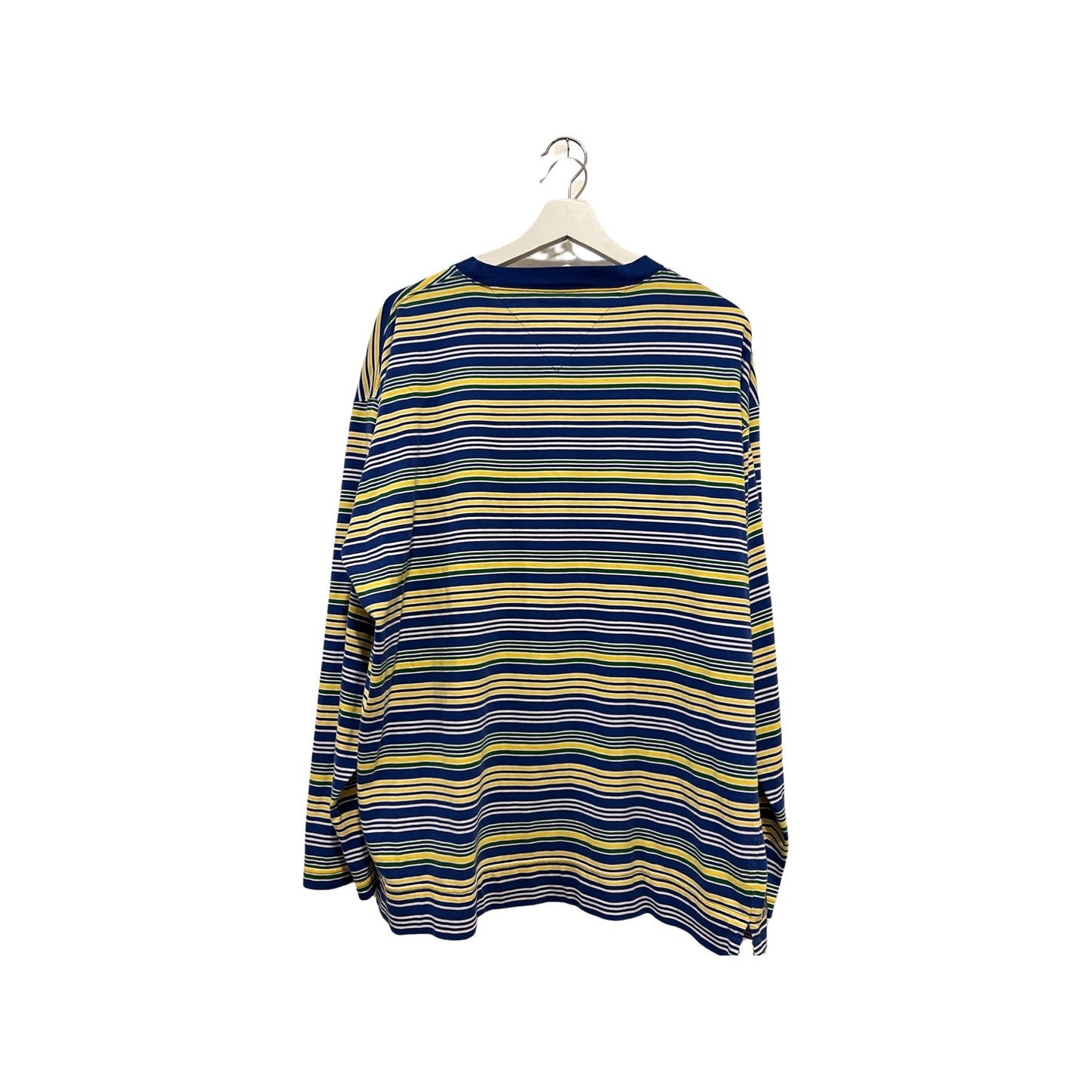 Vintage Tommy Hilfiger Oversized Striped Cotton Shirt - '90s Streetwear XL with Hilfiger Patch - Blue Yellow and White