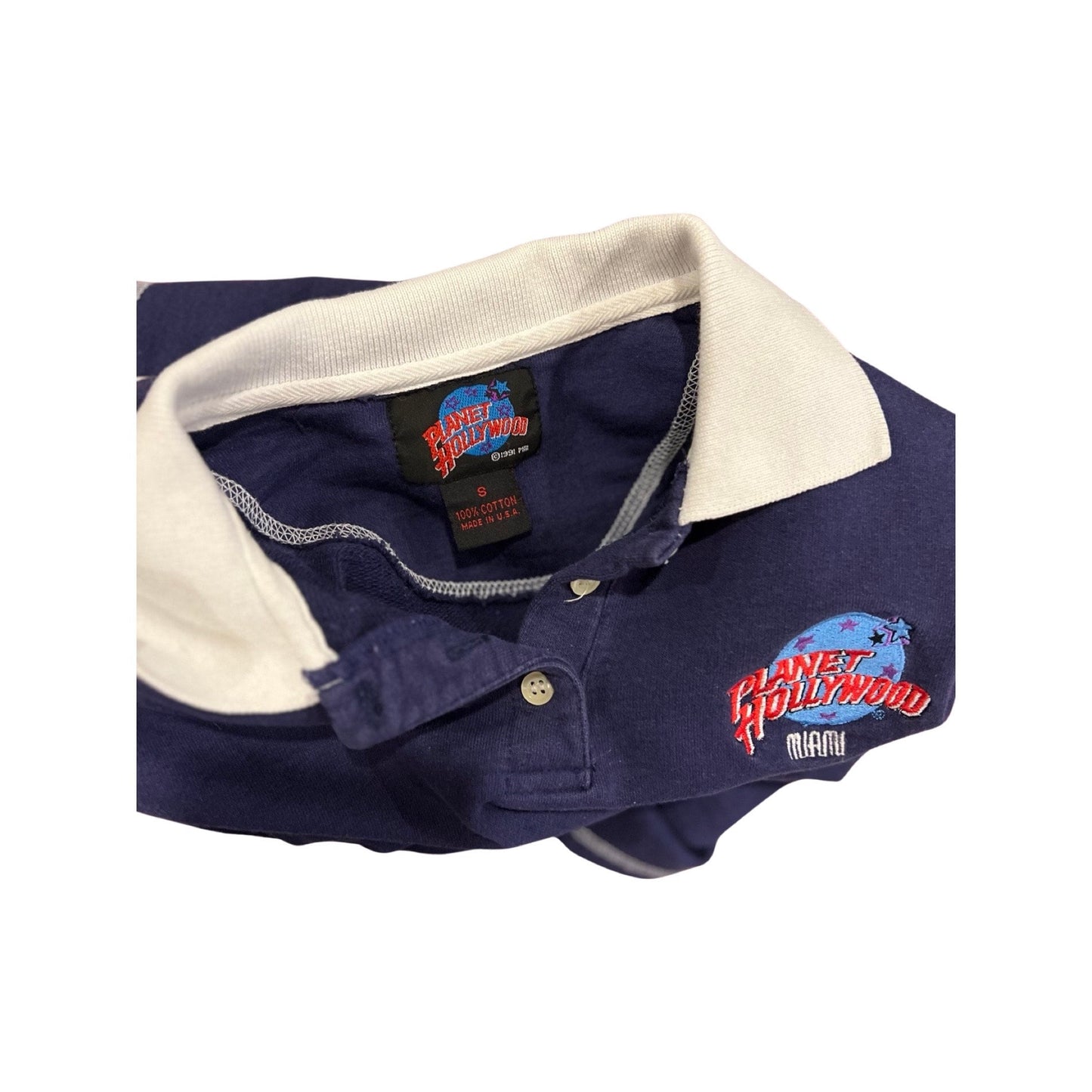 Vintage '90s Planet Hollywood Polo Crop Top - Navy Blue Tight Fit, Classic Logo, Excellent Condition