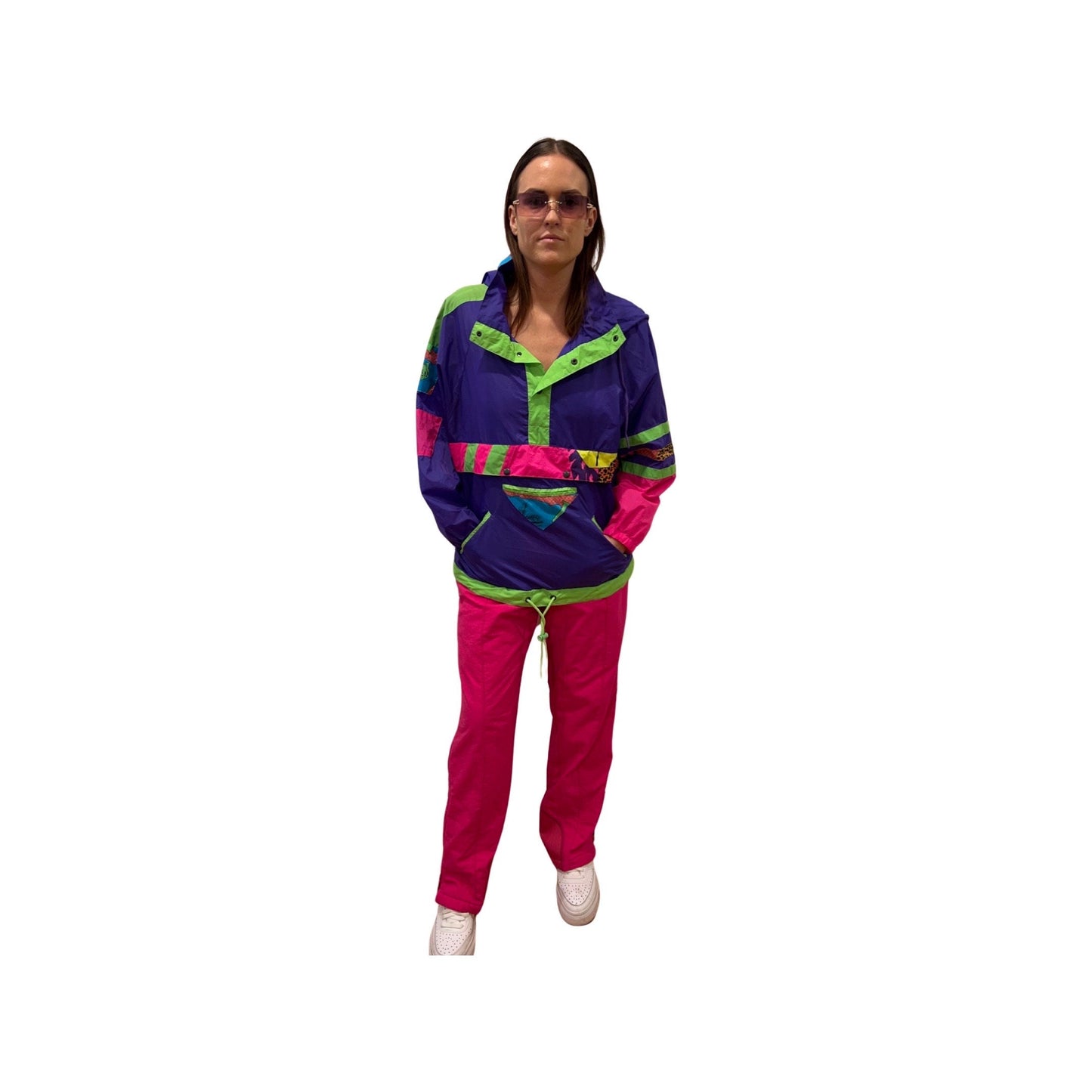 Vintage 1980s Rare Neon Windbreaker - Ski Vibe Lightweight Shell Fleece Sweater, Size Medium