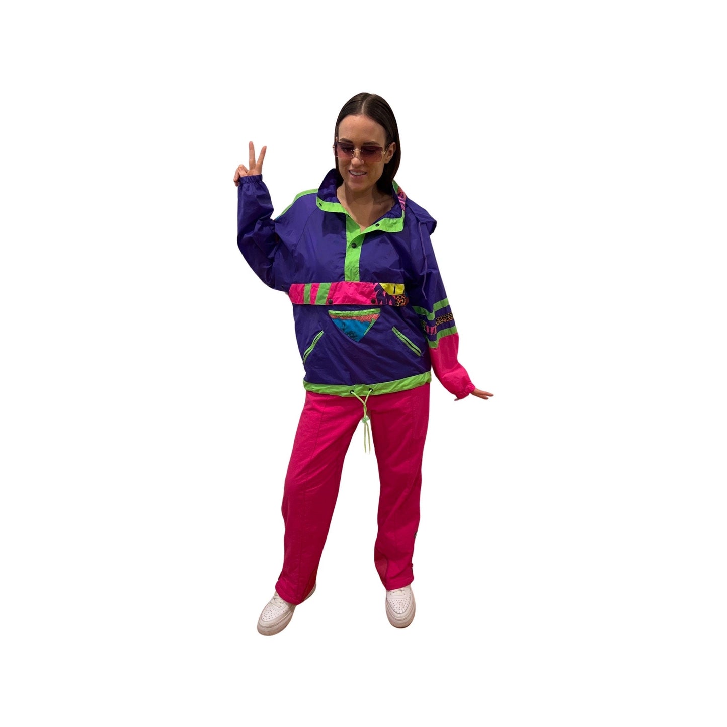 Vintage 1980s Rare Neon Windbreaker - Ski Vibe Lightweight Shell Fleece Sweater, Size Medium