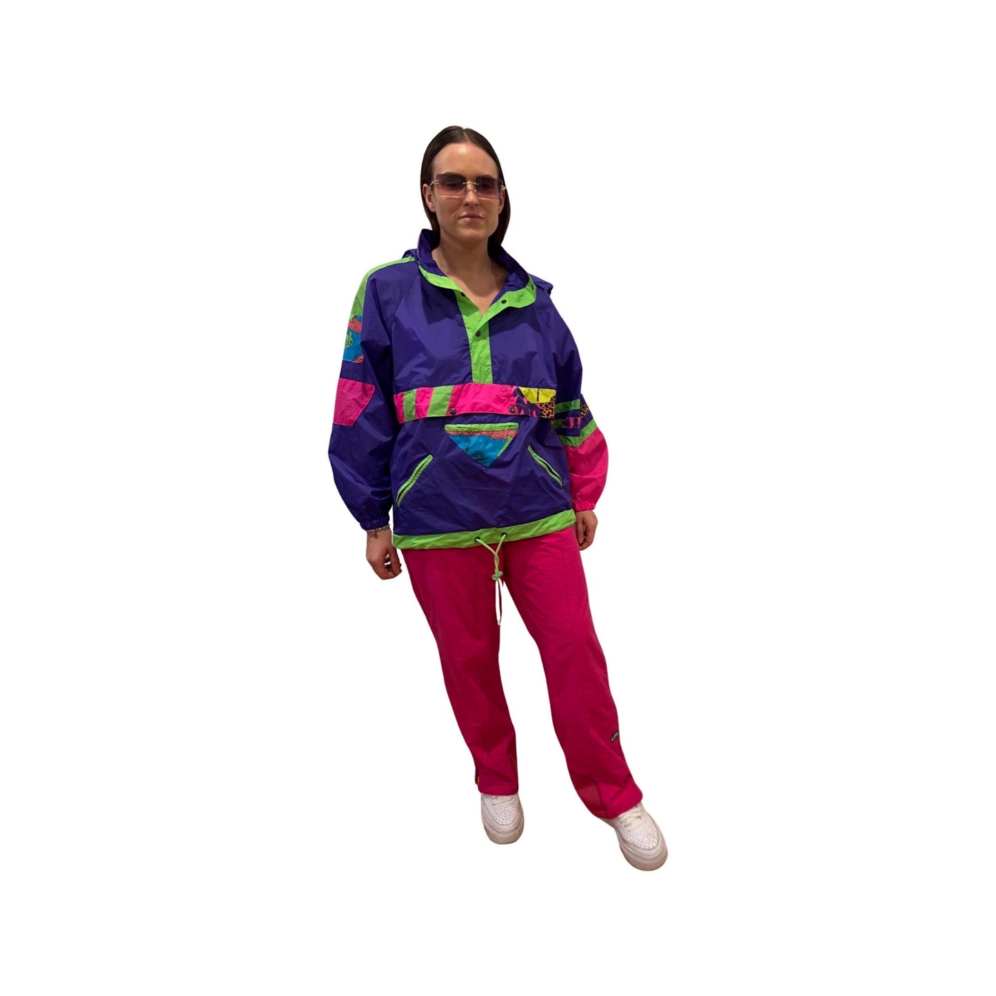 Vintage 1980s Rare Neon Windbreaker - Ski Vibe Lightweight Shell Fleece Sweater, Size Medium