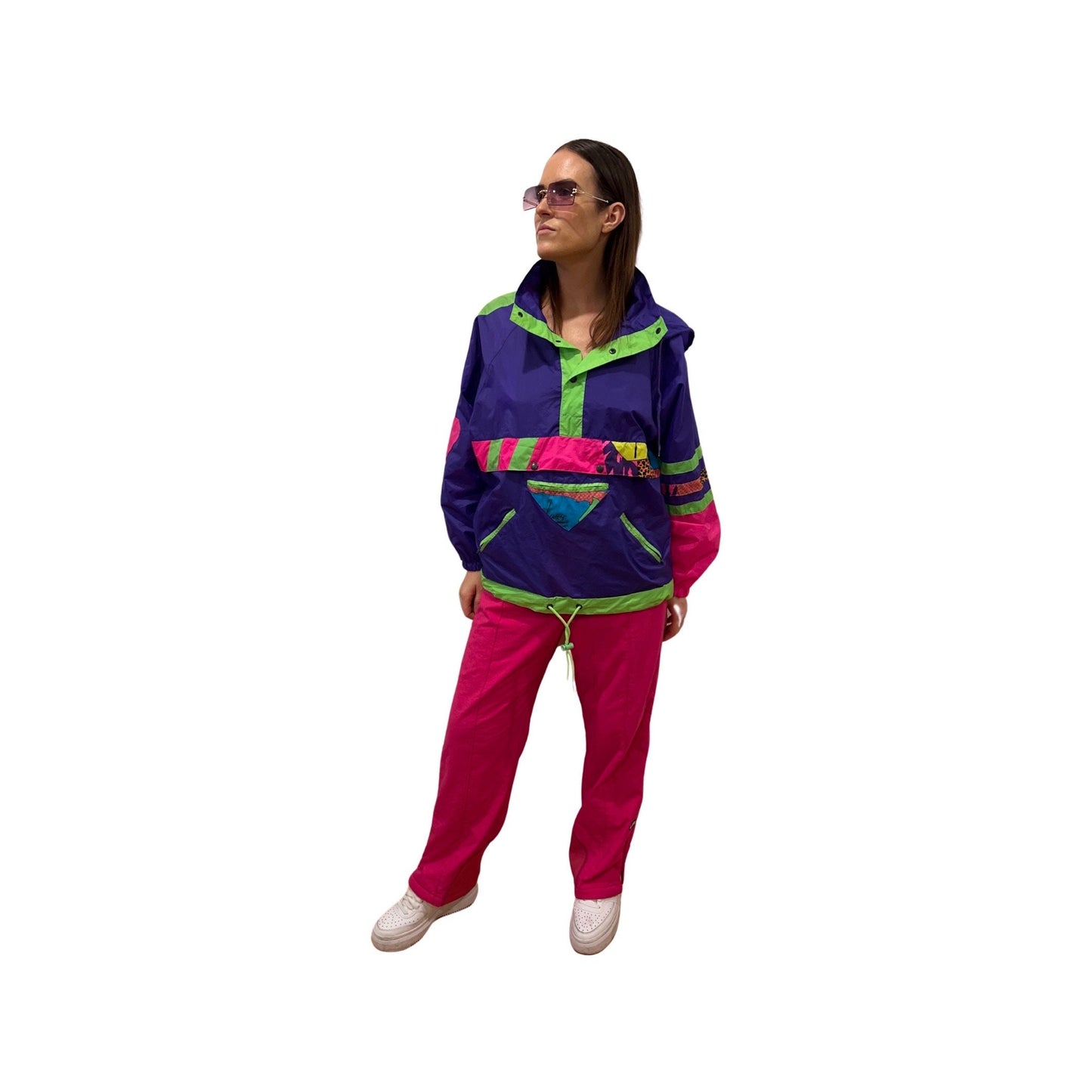 Vintage 1980s Rare Neon Windbreaker - Ski Vibe Lightweight Shell Fleece Sweater, Size Medium