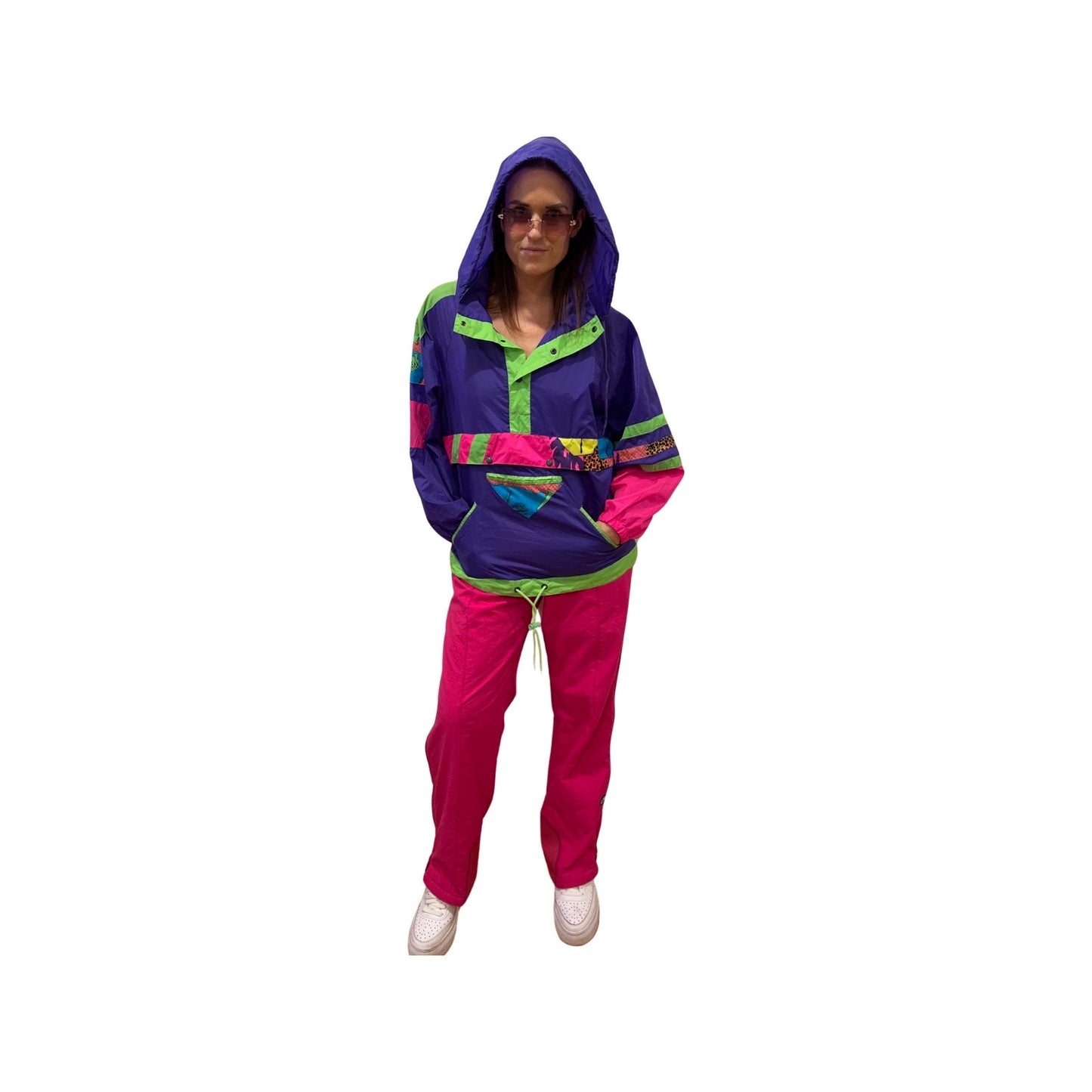 Vintage 1980s Rare Neon Windbreaker - Ski Vibe Lightweight Shell Fleece Sweater, Size Medium