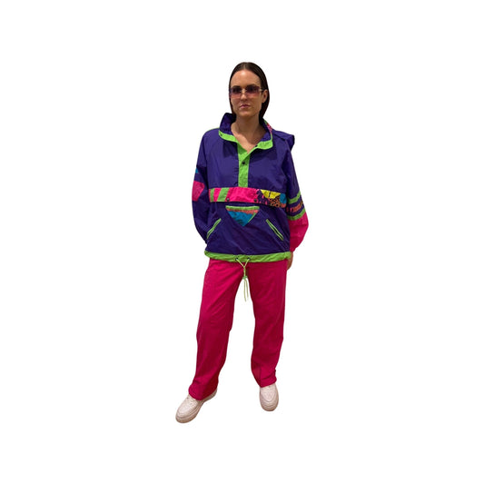 Vintage 1980s Rare Neon Windbreaker - Ski Vibe Lightweight Shell Fleece Sweater, Size Medium