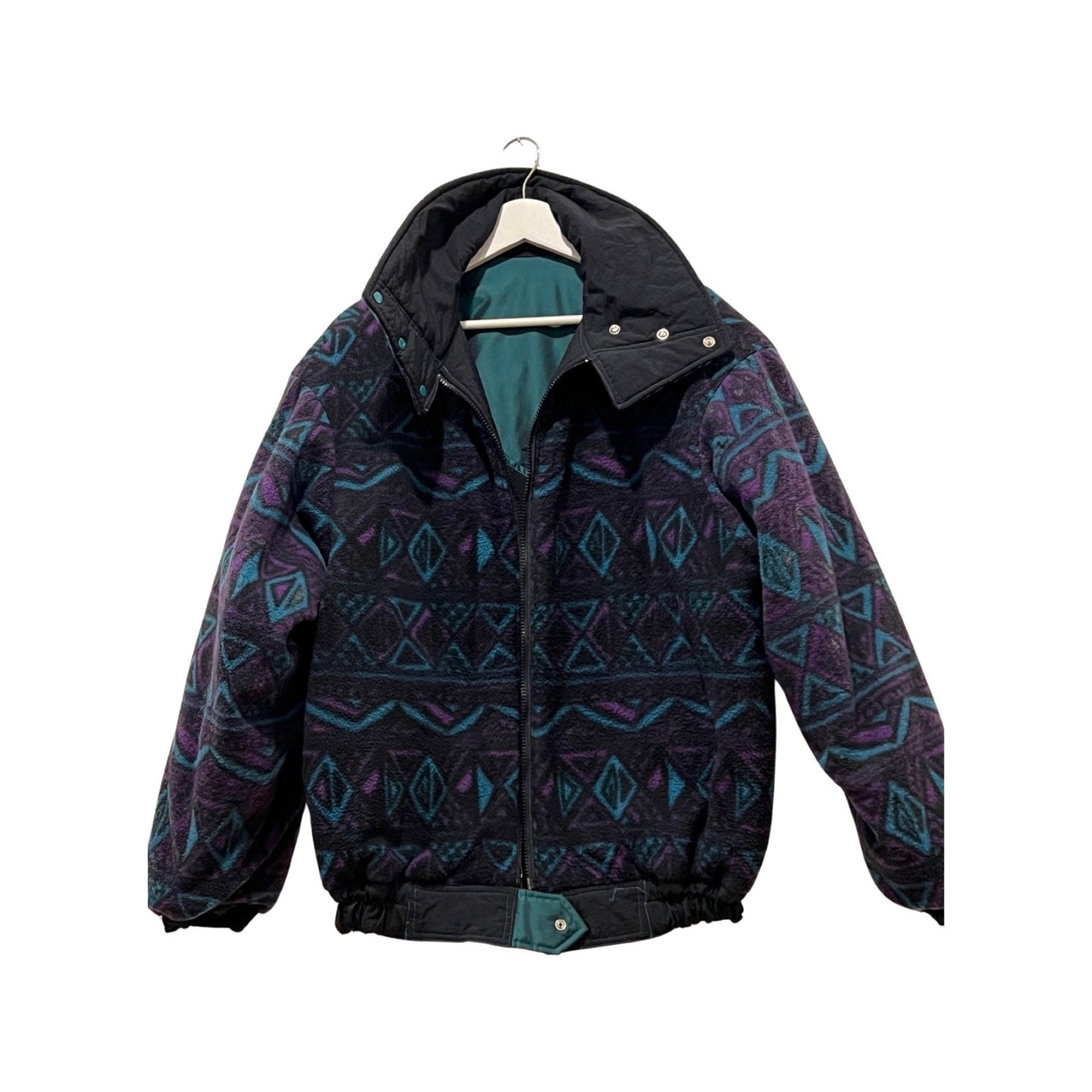 Vintage '80s Ski Jacket - Reversible Winter Jacket - Size Medium - Black Teal & Fleece Navajo Print, Heavy Duty Winter Wear