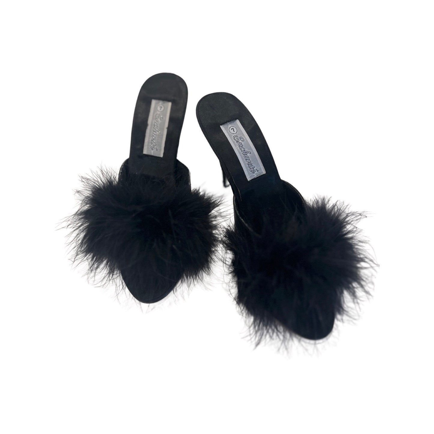 Vintage Black Satin Kitten Heels with Faux Fur - Size 37 (US 7) - Classic Elegance