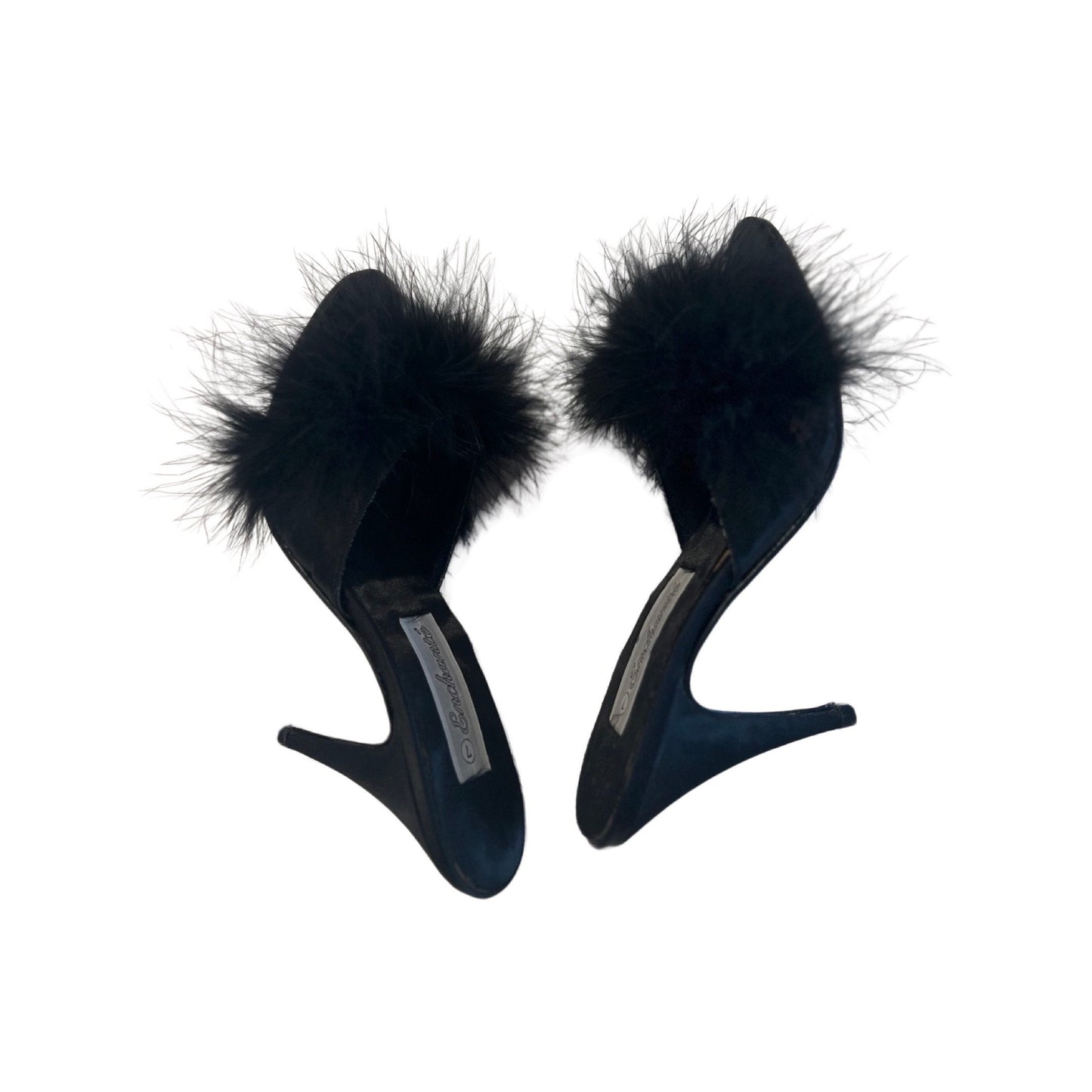 Vintage Black Satin Kitten Heels with Faux Fur - Size 37 (US 7) - Classic Elegance