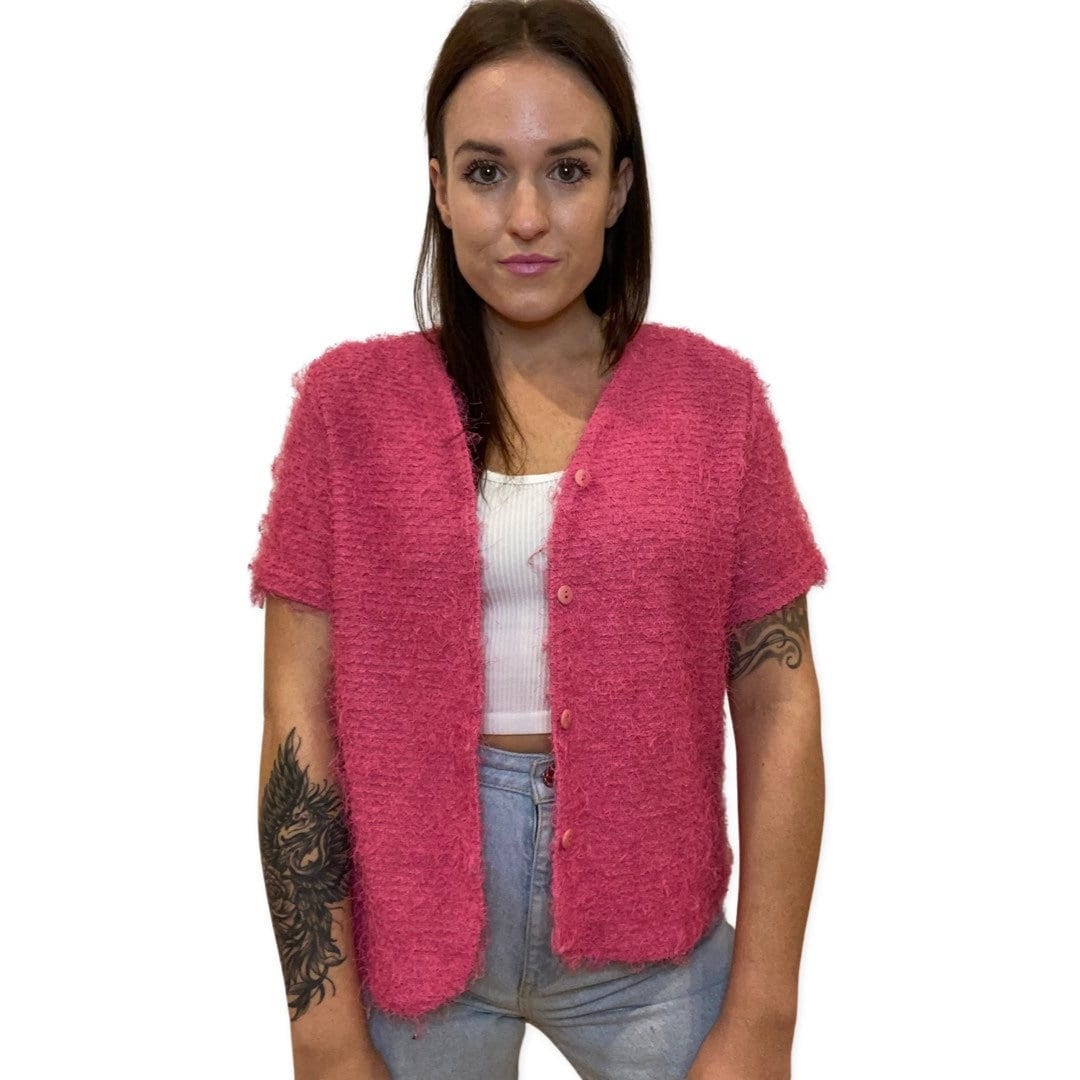 Pink Fuzzy Top, Y2K Button Up Magenta Short Sleeve Cardigan, Fluffy Top, Short Sleeve Sweater, Vintage 90s Club Kid, Grunge, Fuzzy Shirt M-L