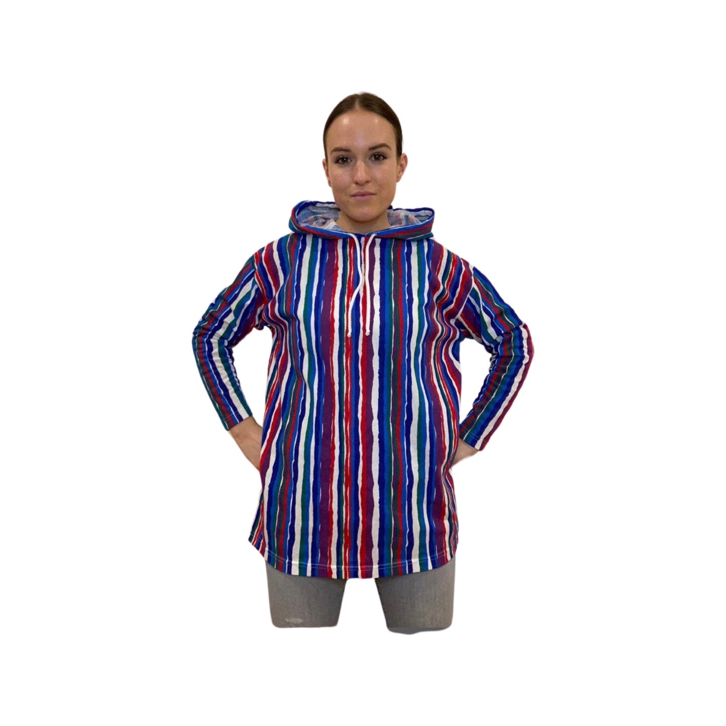 80's Sweater, pullover hooded top, lightweight striped hoodie sweater, size medium, printed 80s retro ski wear