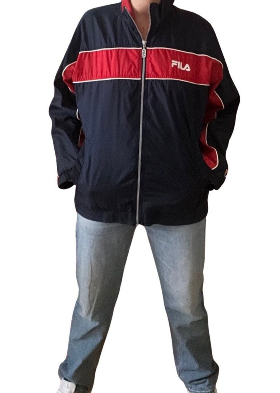 Y2K Fila Windbreaker Jacket - Rain Coat, Size Medium, Vintage Streetwear, Blue/Red/White Accents