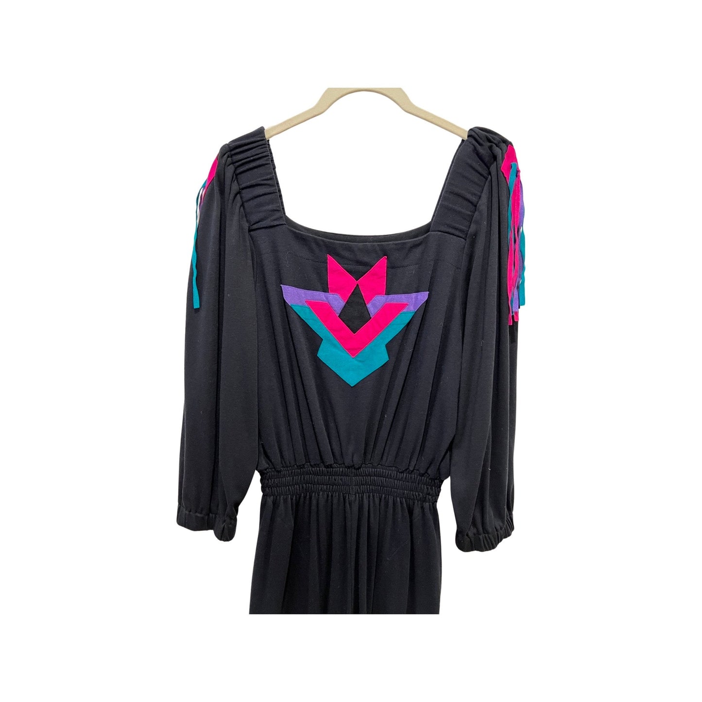 Vintage '80s Black Romper with Tassels - Disco Vibes, Geometric Chest, One-Piece Fitted Retro Jumpsuit - Rare Find