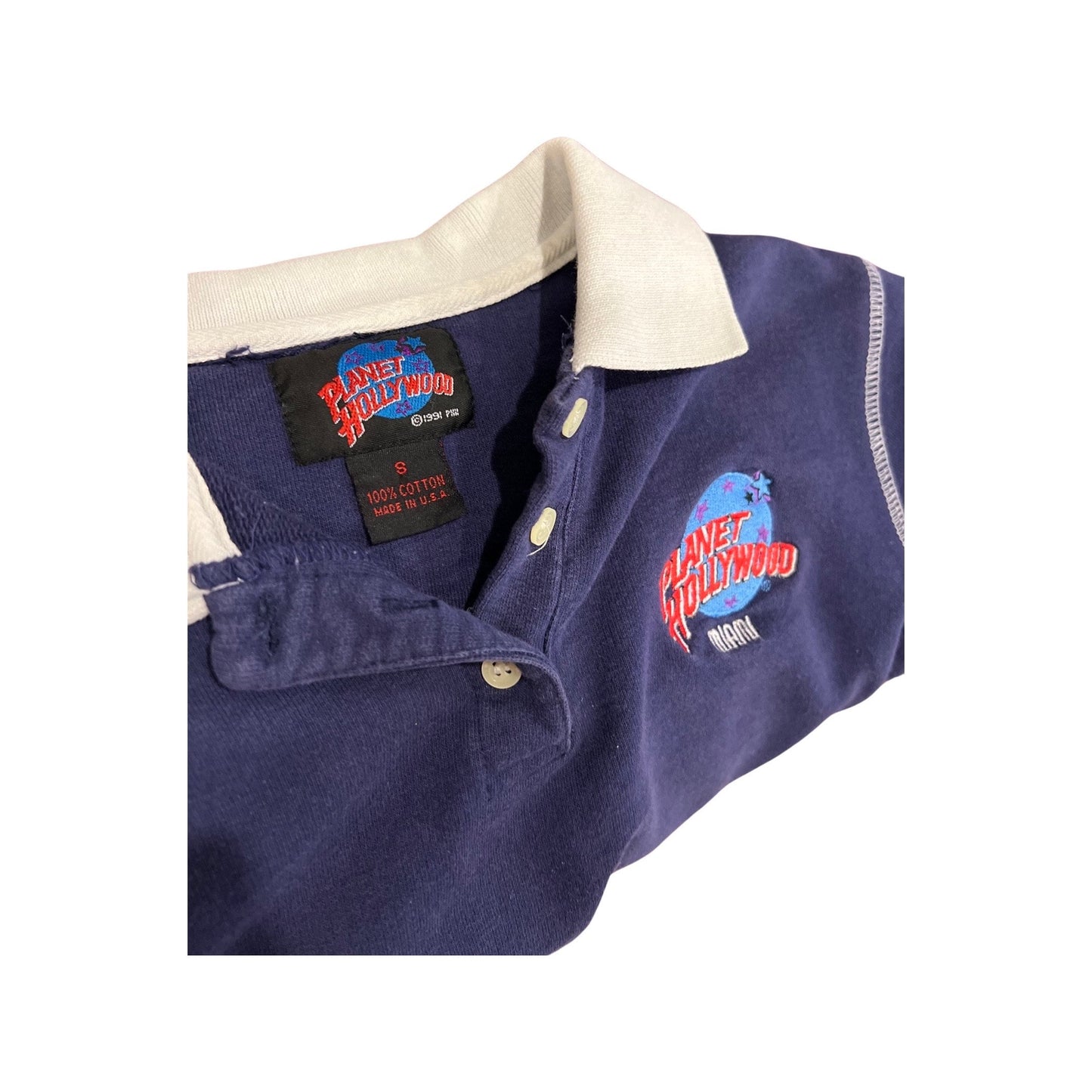 Vintage '90s Planet Hollywood Polo Crop Top - Navy Blue Tight Fit, Classic Logo, Excellent Condition