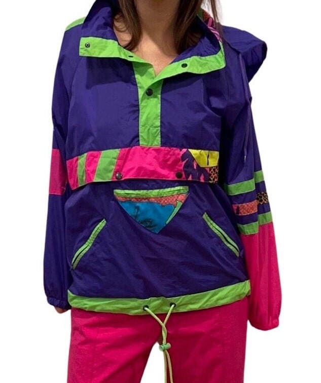 Vintage 1980s Rare Neon Windbreaker - Ski Vibe Lightweight Shell Fleece Sweater, Size Medium