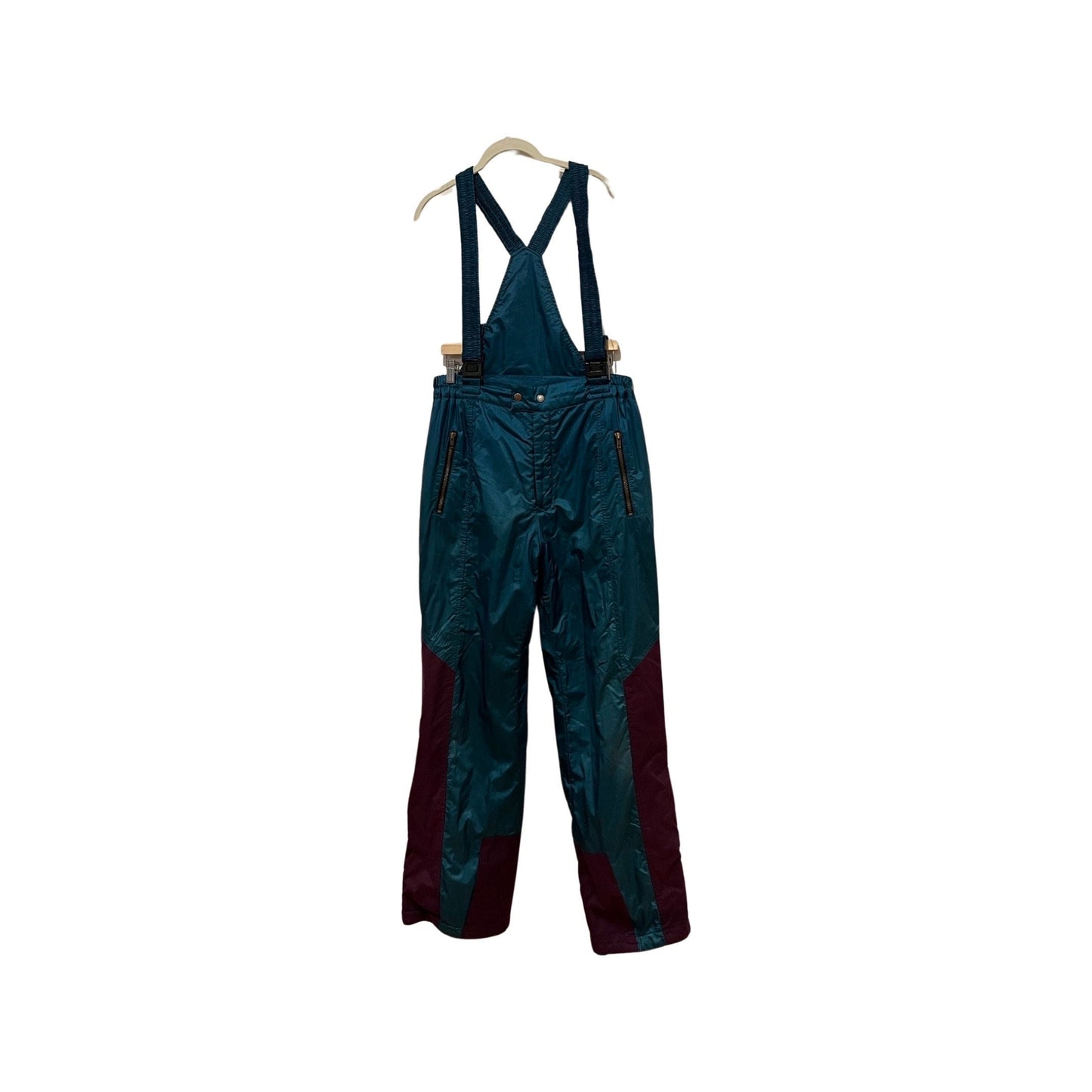 Vintage '90s Teal Burgundy Suspender Snow Pants - Retro Ski Party Vibes, Size Medium