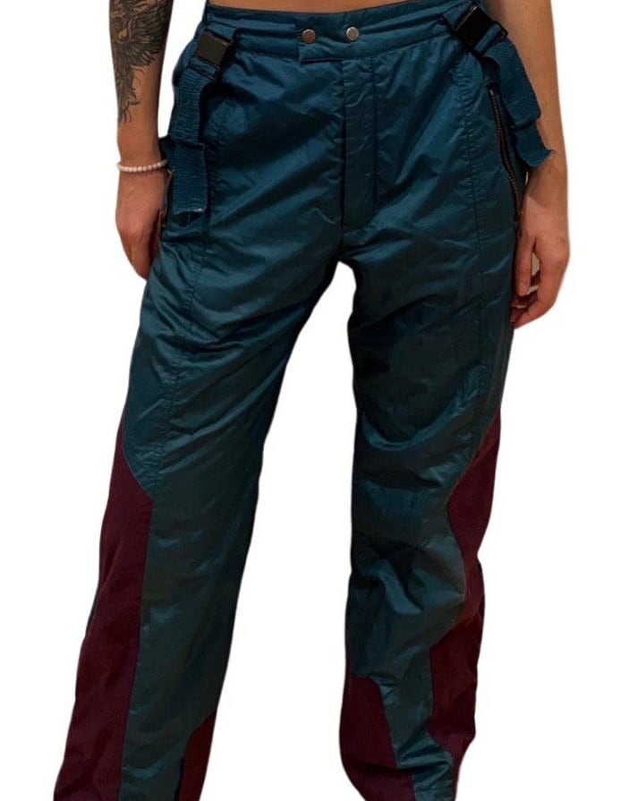 Vintage '90s Teal Burgundy Suspender Snow Pants - Retro Ski Party Vibes, Size Medium