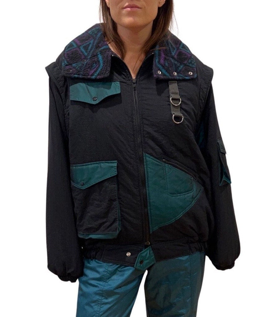 Vintage '80s Ski Jacket - Reversible Winter Jacket - Size Medium - Black Teal & Fleece Navajo Print, Heavy Duty Winter Wear