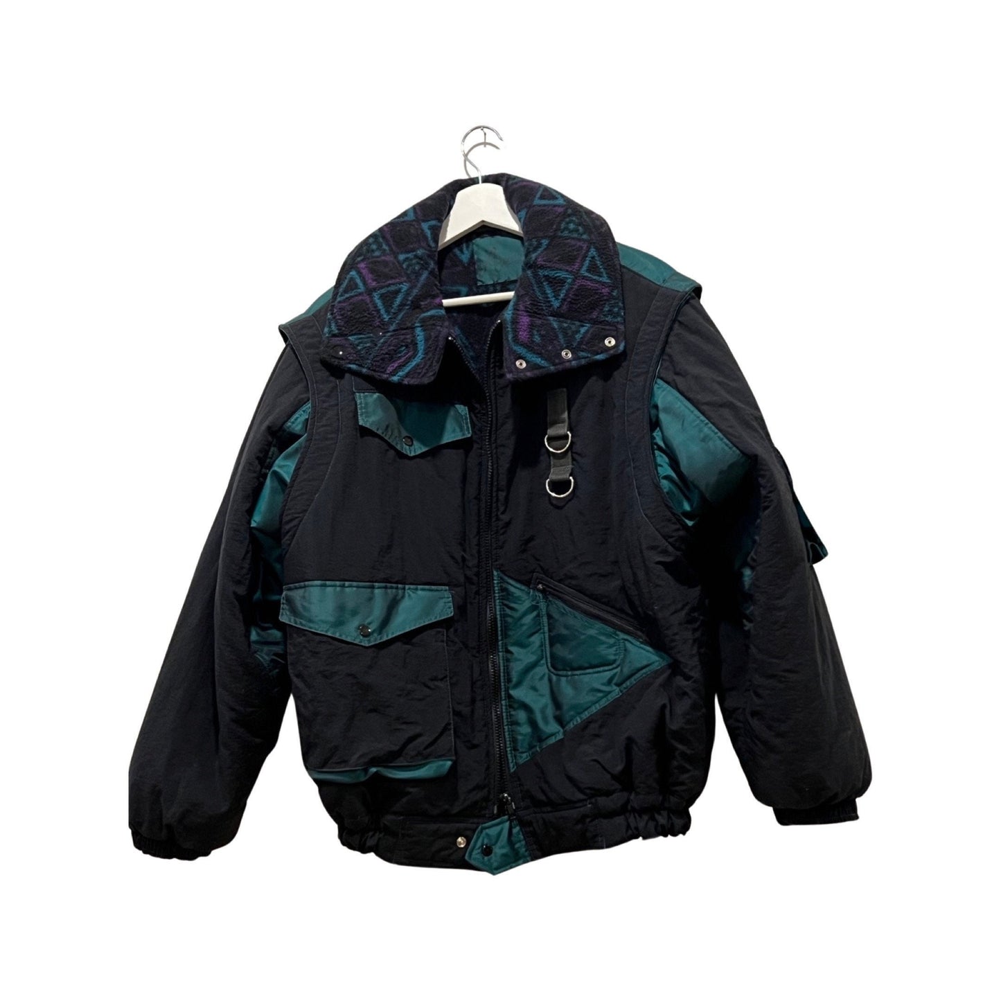 Vintage '80s Ski Jacket - Reversible Winter Jacket - Size Medium - Black Teal & Fleece Navajo Print, Heavy Duty Winter Wear